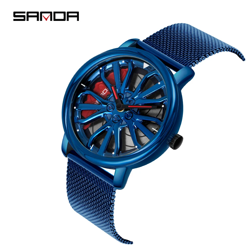 SANDA P1057 2023 New Fashion Waterproof Stainless Steel Quartz WristWatch Sports Men's Watches With Car Wheel Rim Hub Design