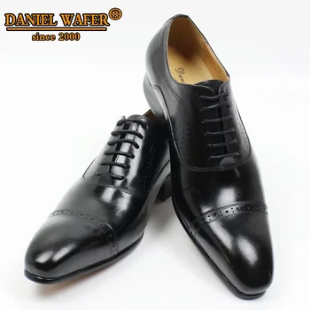 Genuine Leather Oxford Dress Shoes Men Lace Up Cap Toe Office Wedding Shoes Black Brown Brogue Pointed Oxfords Formal Shoes Men 6