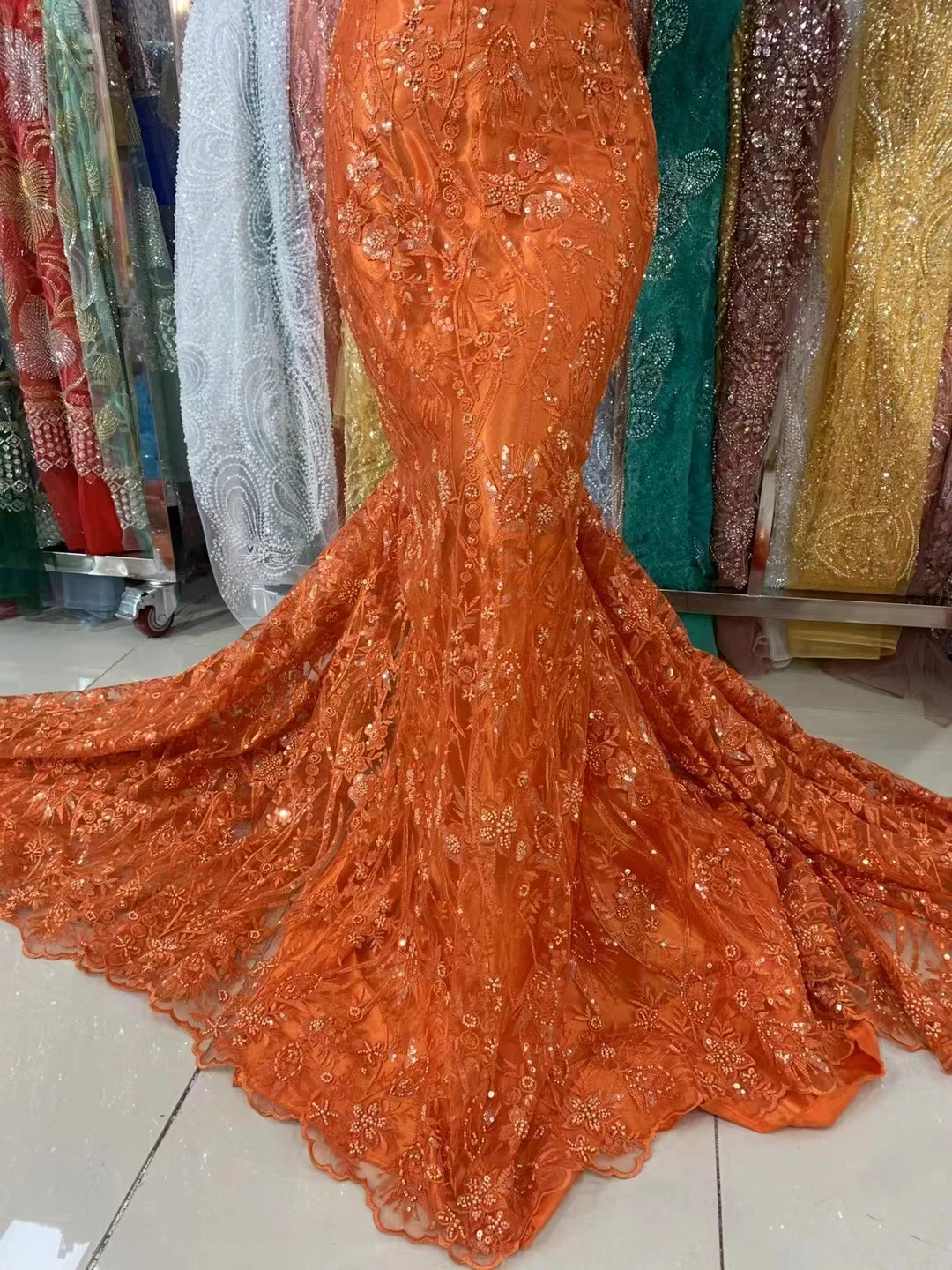 

2023 new high quality lace embroidery bubble bead embroidery, bead tube sequin lace wedding party dress fabric/5yards