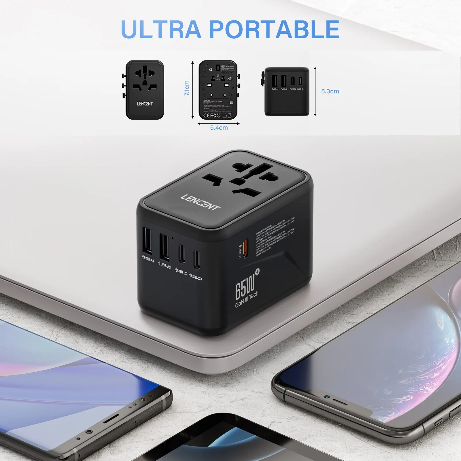 Power Adapter LENCENT 65W/100W GaN International Travel 2USB 3 Type C GaN Fast Charging EU AU US UK Plug