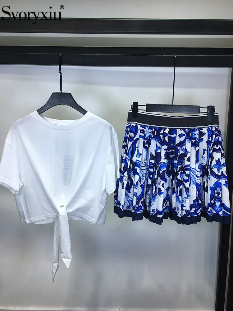 

Svoryxiu Summer Designer Vintage Skirt Suit Women's Short Sleeve T-shirt Tops+Blue And White Porcelain Print Elastic Waist Skirt