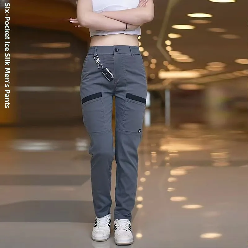 Ice Silk High Waist Thin Men's Casual Pants Six kets Faionable Trendy Straight Leg Long Trousers Breathable Summer Wear