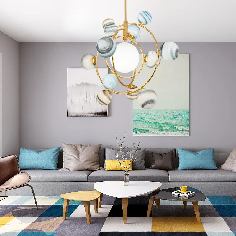 모던 크리에이티브 LED 유리 볼 샹들리에, 로밍 지구 펜던트 램프, 거실 소년 침실 원형 아트 걸이식 조명 장식