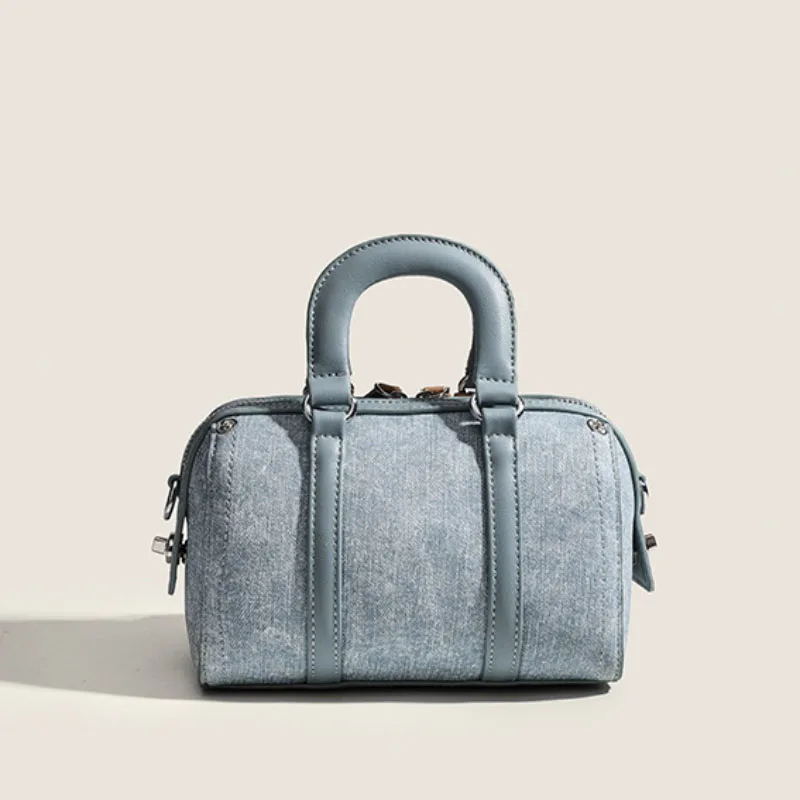 Vintage Design Denim Blue Mini Boston Women'S Hand-Held Shoulder Bag Adjustable Shoulder Strap Crossbody Bag