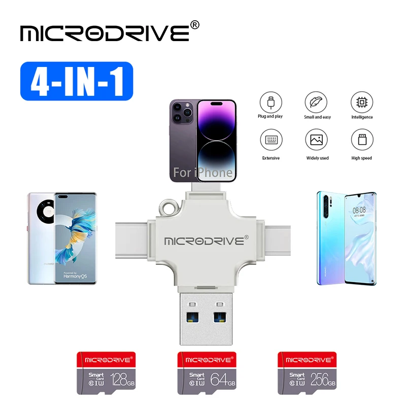 OTG 플래시 USB3.0, USB-C, 라이트닝 카드 리더, Miro Mini SD 카드, 카드 어댑터, iPhone, iPad용 리더기, 4 in 1