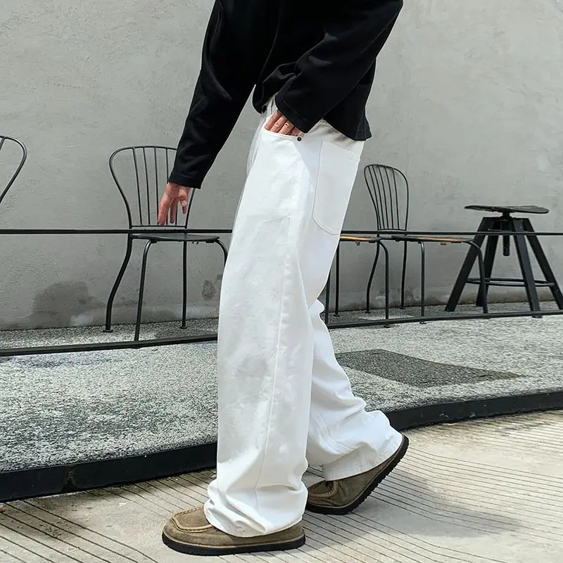 جينز Y2K غير رسمي للخريف الجديد لعام للرجال على الطراز الكوري بنطال جينز فضفاض مستقيم وواسع الساق للرجال متعدد الاستخدامات ثنيات
