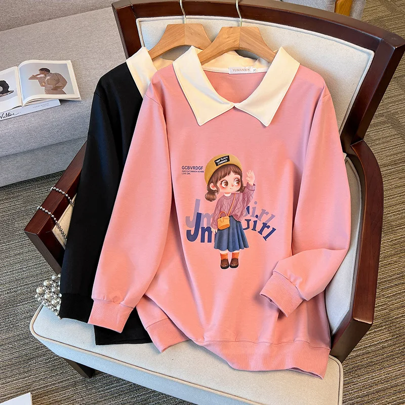 

170Kg Plus Size Women's Bust 170 Spring Autumn Loose Lapel Sweatshirt Printed Top Black Pink 5XL 6XL 7XL 8XL 9XL 10XL