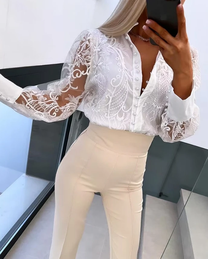Women's 2024 Spring Summer Elegant Casual Stand Collar Button Pearls Decor Buttoned Lace Commuting Style Simplicity Top