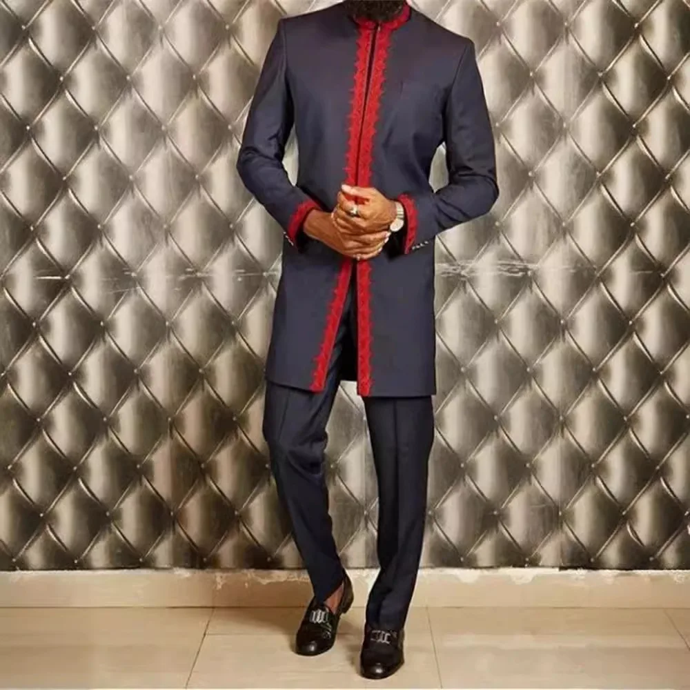 Men's casual wine red print two-piece suit