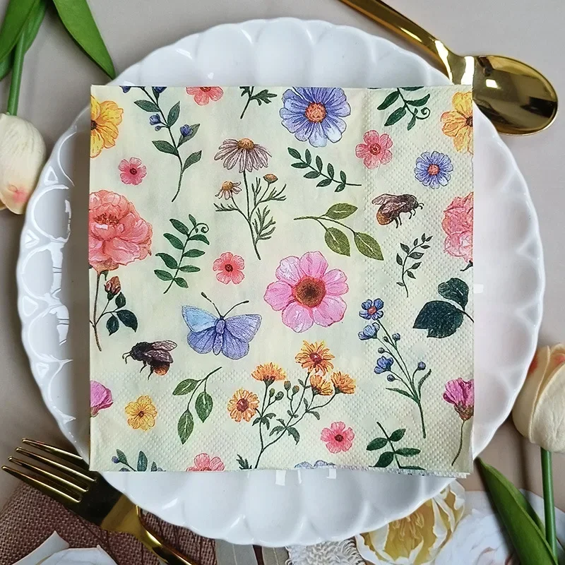 10/20pcs 33cm 2Ply Colourful Floral Napkins Valentine's Day Wedding Paper Butterfly Bart Paper Wine Glass Flower Placemats