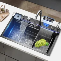 Stainless Steel Waterfall Kitchen Sink Extra Large Single Bowl Digital Display Multifunctional Dishwashing sinks 5
