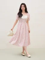 DUSHU 2025 Summer Women’s French-Inspired A-Line Dress – Ruffled Hem & Adjustable Drawstring for Flattering Silhouette