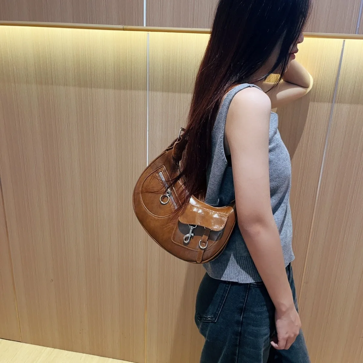 JIAERDI Retro Brown Underarm Bag Women Fashionable Moto Biker Leather Chic Y2k Handbag Ladies Casual Crossbody Bags 2025 New