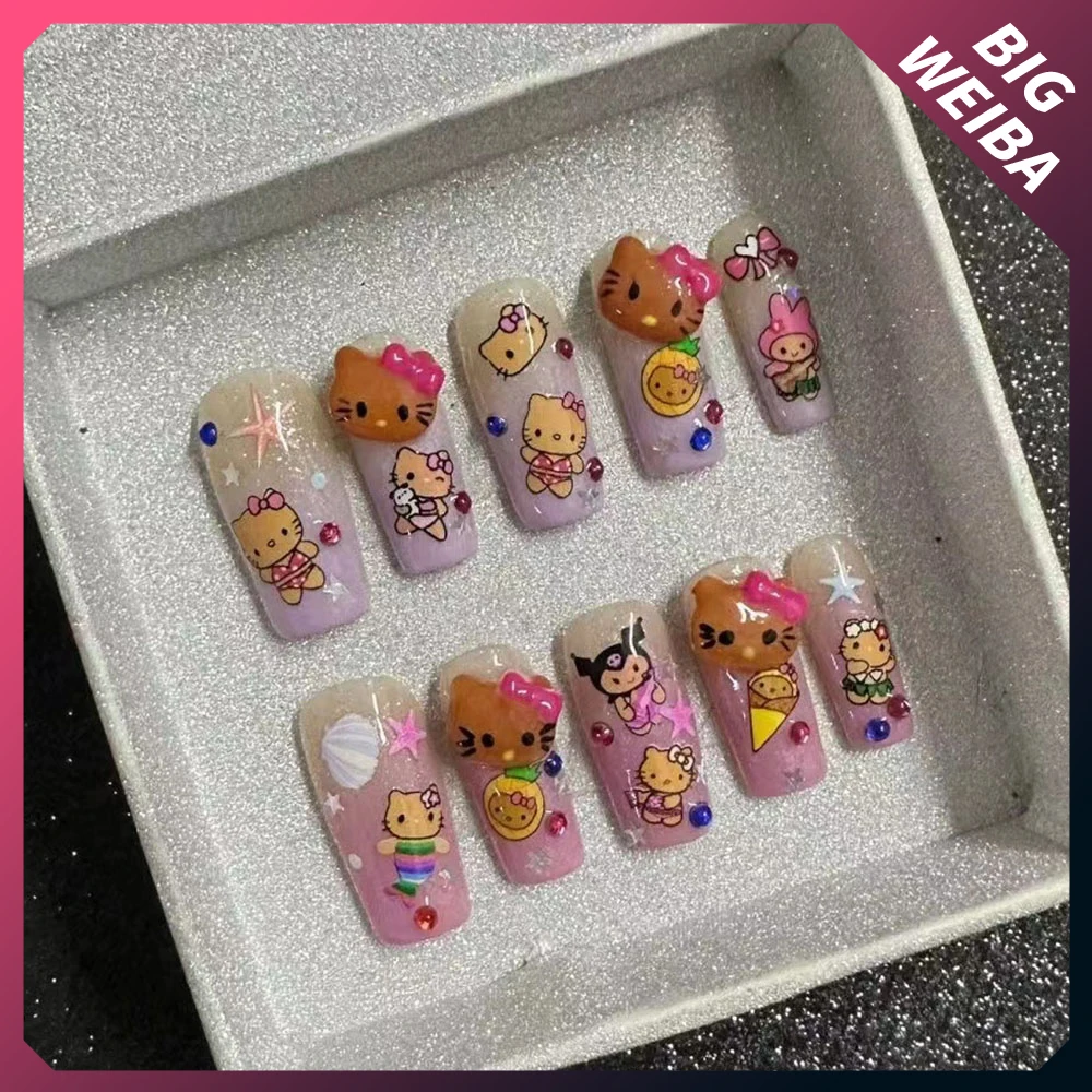 Pink New Hello Kitty Nail Art Hawaiian Black Skin Kt Cat Artificial Nail Sanriod Kuromi Cinnamoroll Mymelody Cute Cartoon Nails