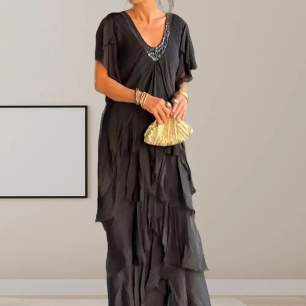 Summer Women Dress Sequin Patchwork Ripped Scattered Layered V Neck Maxi  Dress Ruffled Solid Color Short Sleeves Lady Dress - AliExpress 200000345