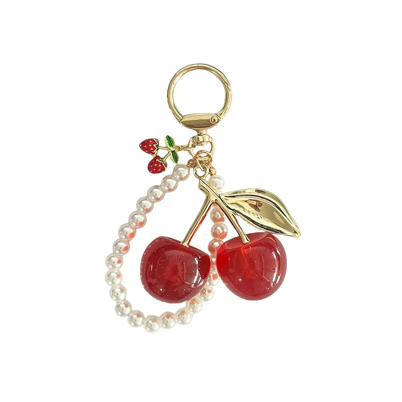 Exquisite Premium Perlenkette Rote Kirsche Goldener Schlüsselanhänger Schlichte Individualität Taschenanhänger Accessoire – Detail 14