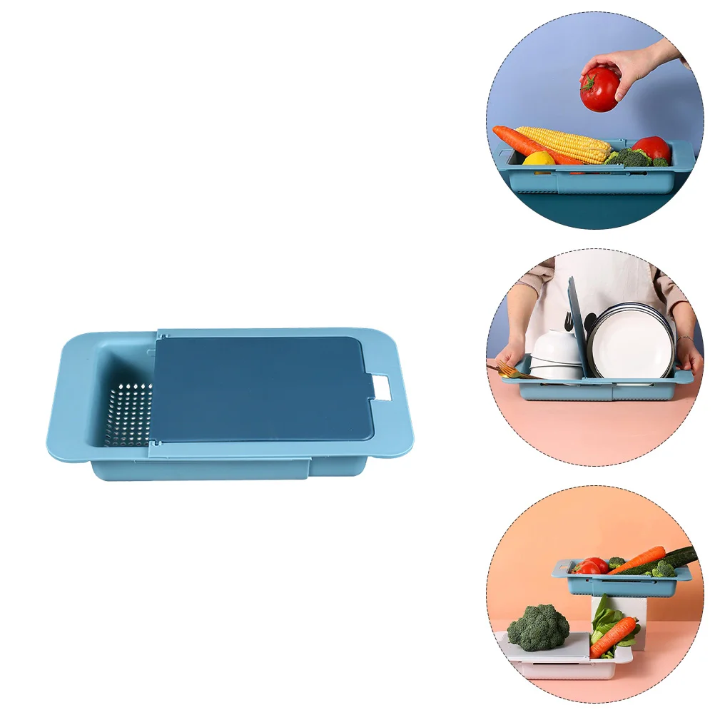 

Drainer Basket with Chopping Board Vegetable Storage Draining Telescopic Kitchen Drying Baskets