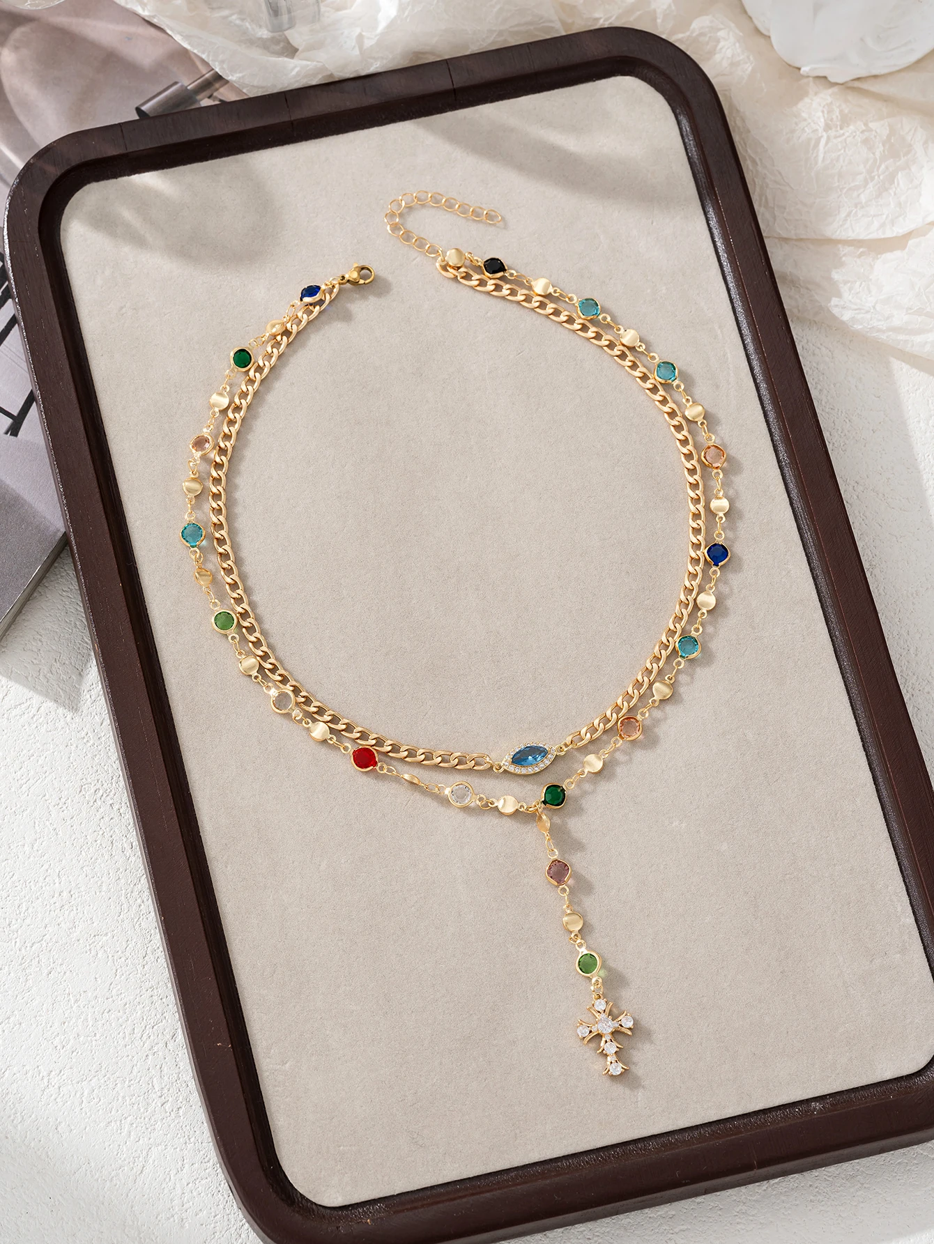 Layered Colorful Cubic Zirconia Cross & Evil Eye Necklace - Y-Shaped Drop Chain