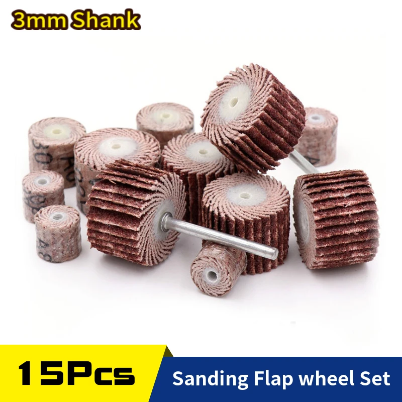 

15PCS Sanding Flap Set with 3mm Shank Grinding Wheel Head Sander Abrasive Tools Sandpaper Rust Removal for Dremel Rotary Tools