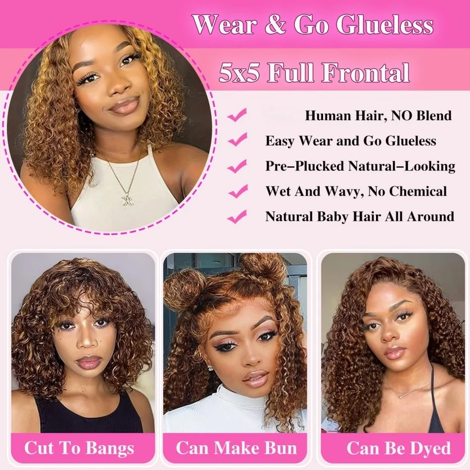 Curly Short Bob Wig Human Hair Glueless Highlight 4/27 5X5 Hd Lace Closure Wig Lace Frontal Wigs Deep Wave Pre Plucked Wigs 16In 4