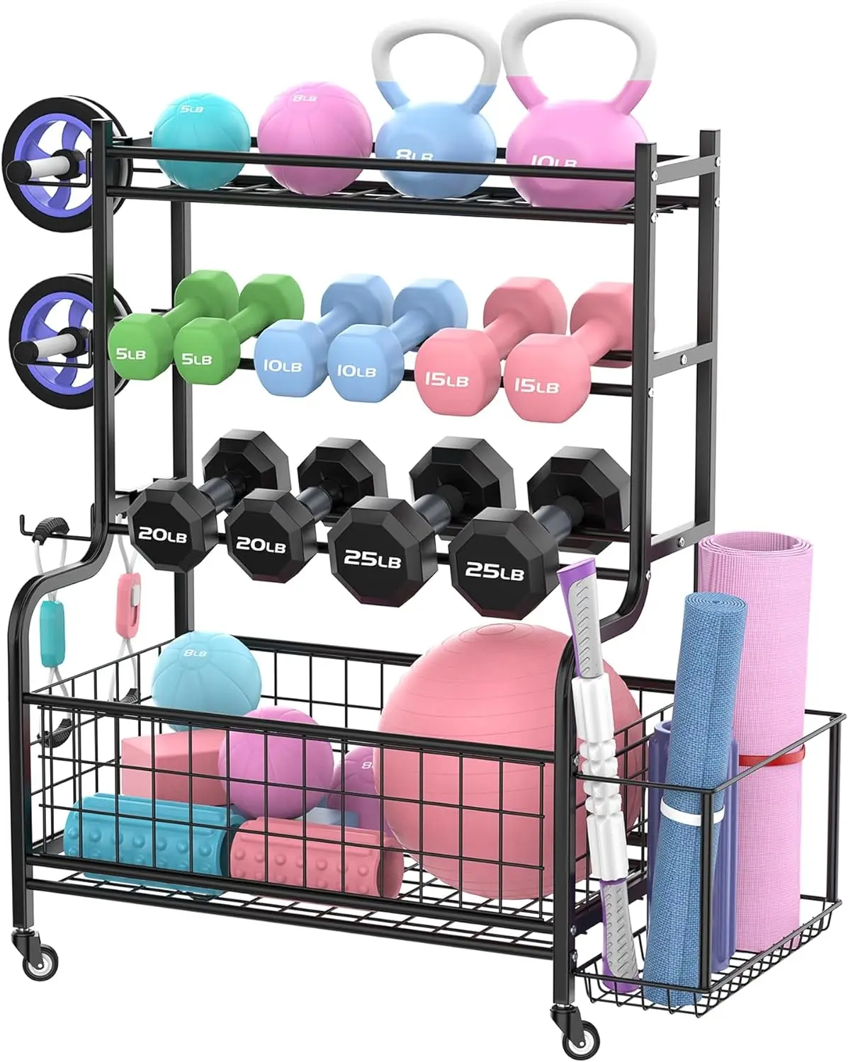 

Yoga Mat , Gym for Dumbbells, Kettlebells, Foam Roller, Yoga Strap and Resistance Bands, Exercise Equipment Organizer With