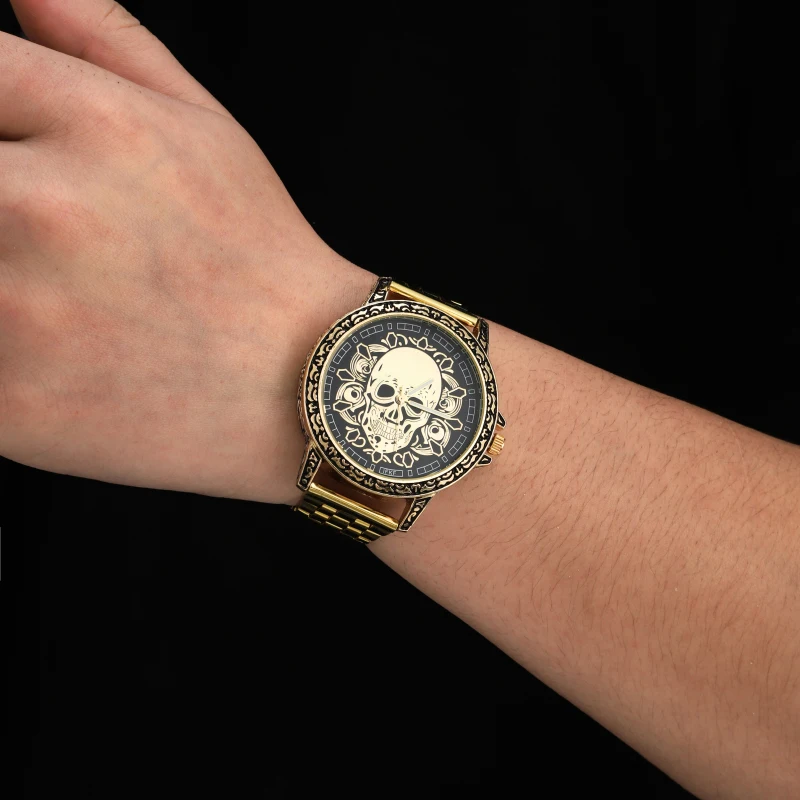 new Gold Skull Lion Tiger Men luxury business Military Quartz watch golden stainless steel band men watches male clock Relogio