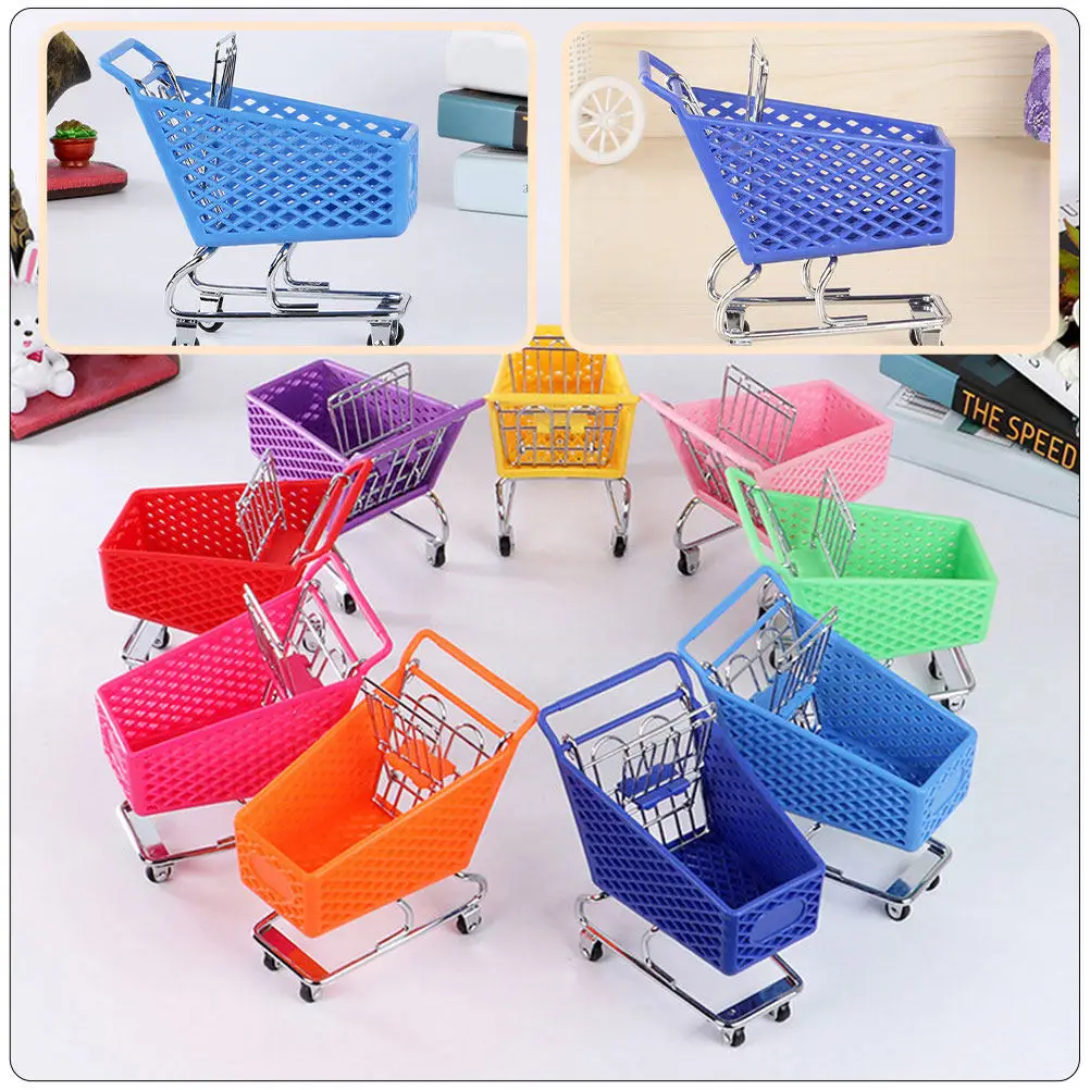 2Pcs 독특한 미니 데스크탑 장식품 쇼핑 카트 모양의 보관 바구니 작은 물건을 위한 컴팩트한 정리함 현대적인 책상 장식