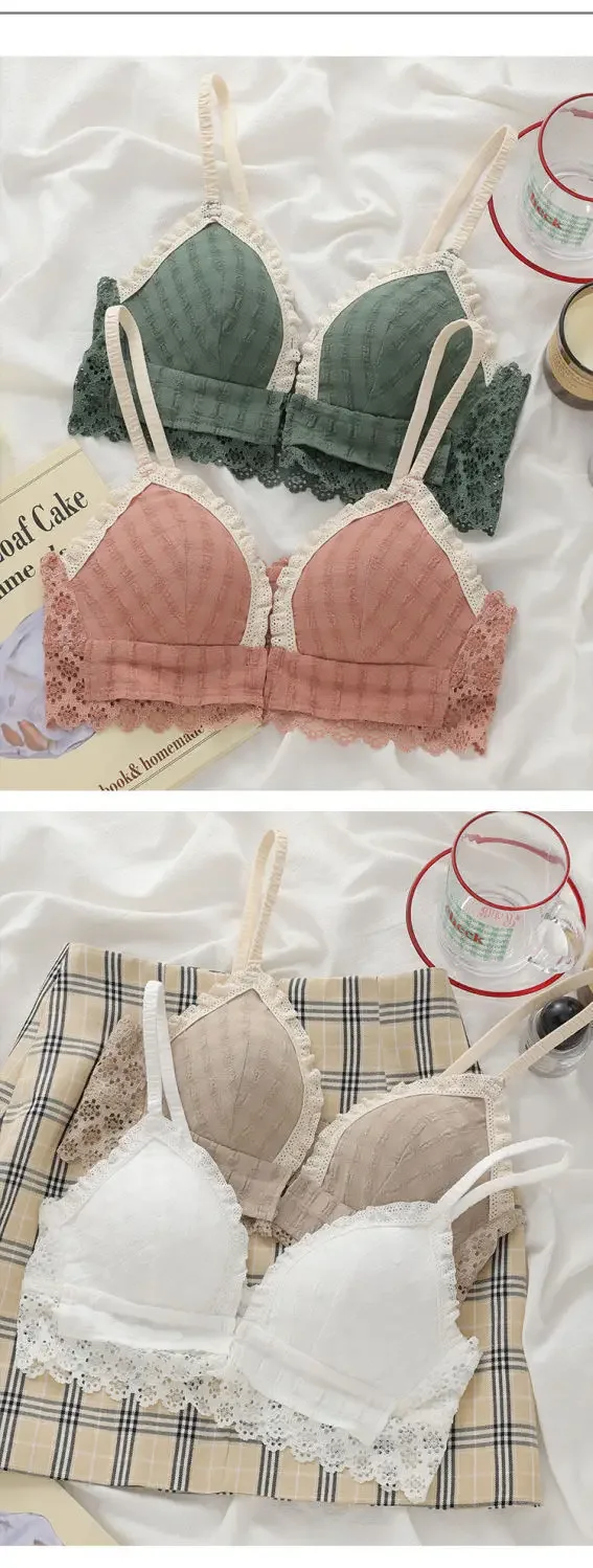 Fashion Front Closure Girls Sweet Lace Bra Wire Free Comfortable Underwear Women Seamless Breathable Lingerie Female Bras