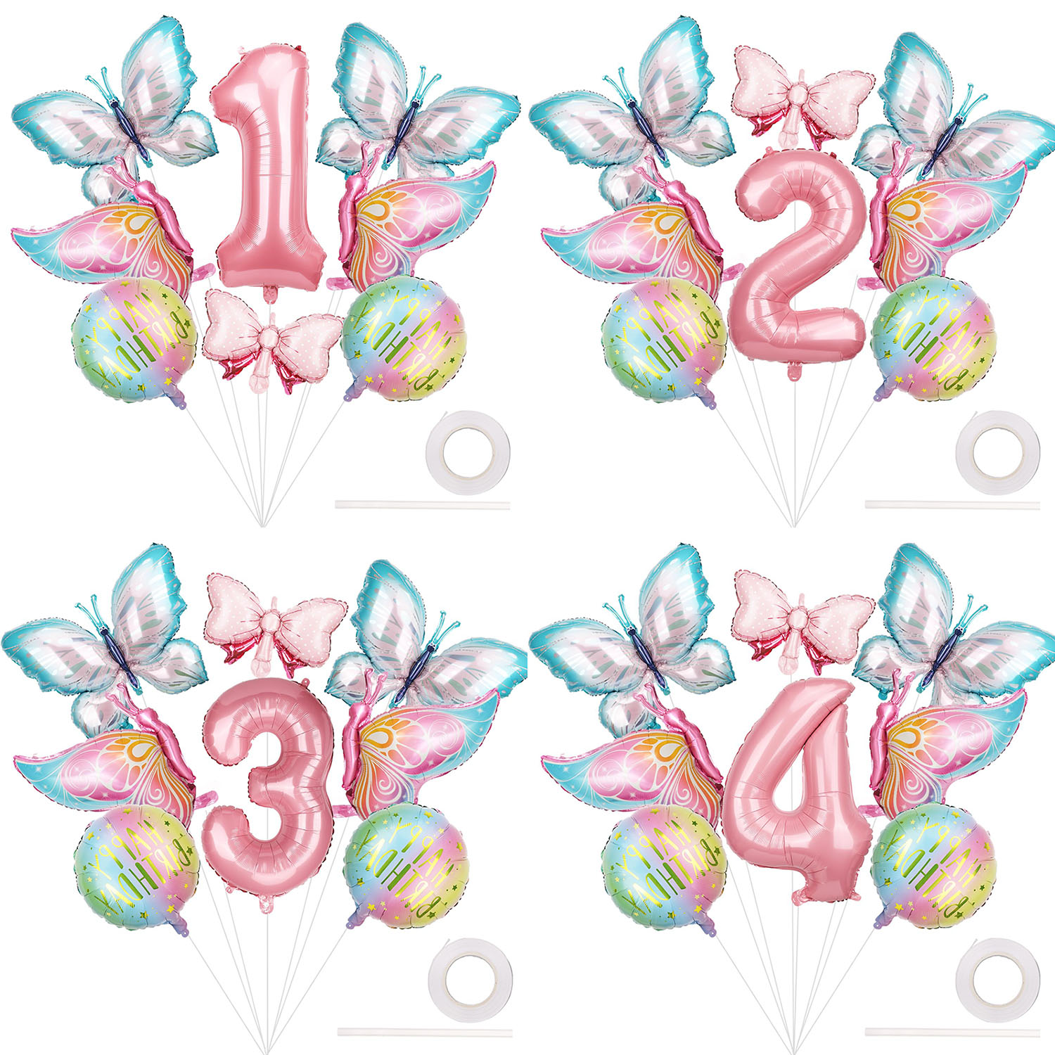 8Pcs Giant Big Butterfly Happy Birthday Decoration Bow Foil Balloons Set Butterfly Theme Party Decors for Kid's Girls Birthday