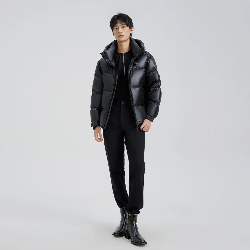 Chericom Men's Winter Down Jacket Short Hooded Goose Down Thick Warm Puffer Coat Solid Zipper Pocket Design Padded Jacket 299630