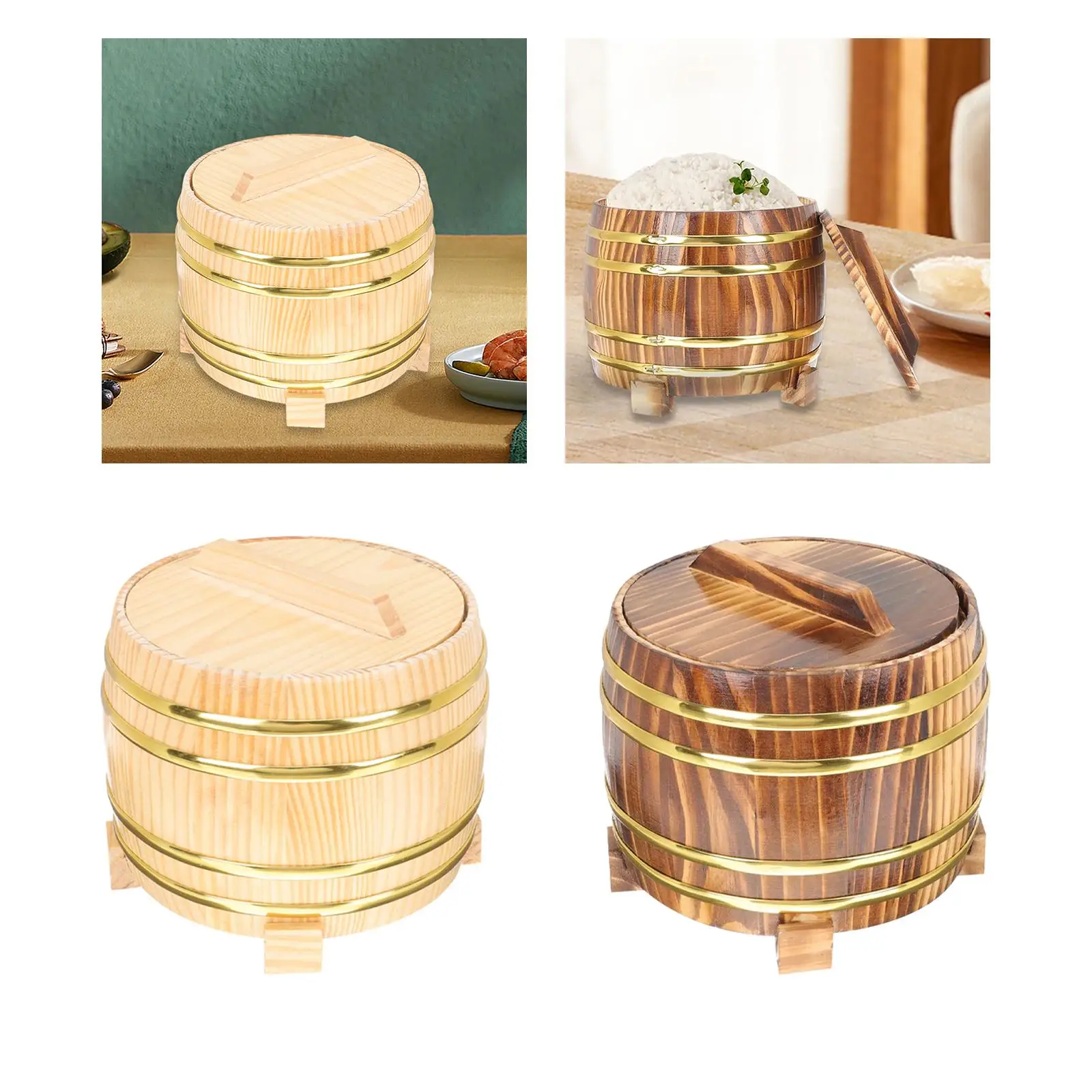 Wooden Rice Bucket 16cm Multifunctional Wooden Rice Bowl with Lid Simple to Use Rice Mixing Tub for Restaurant Kitchen