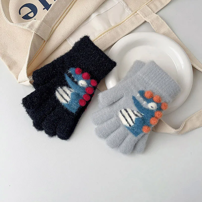 Cartoon Dinosaur Children Knitted Gloves Cold Proof Warm Kids Five Finger Gloves 3-15year Boy Girl Baby Winter Woolen Mittens winter gloves baby mittens
