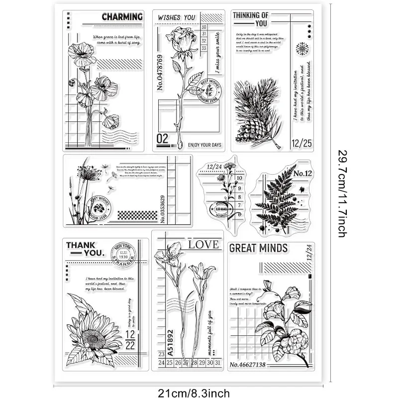 1 Sheet Vintage Flower Background Clear Stamps Art Journal Silicone Stamps Retro Flower Rubber Stamps Transparent 29.7x21cm