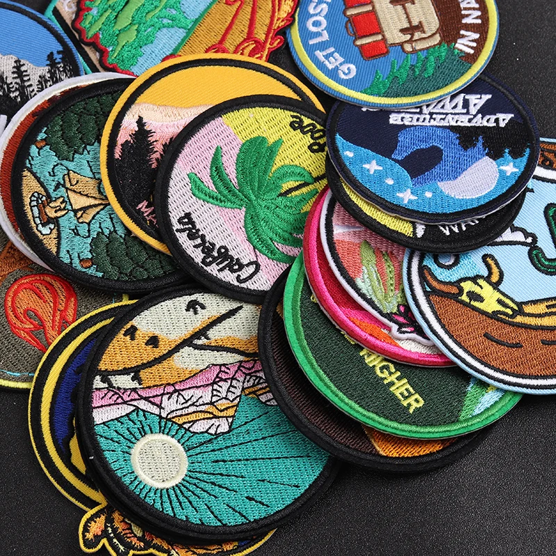 Wilderness Camping Scenery Patches Badges Embroidery Patch Applique Ironing Clothing Sewing Supplies Decorative circular flower patch stickers,camping patches