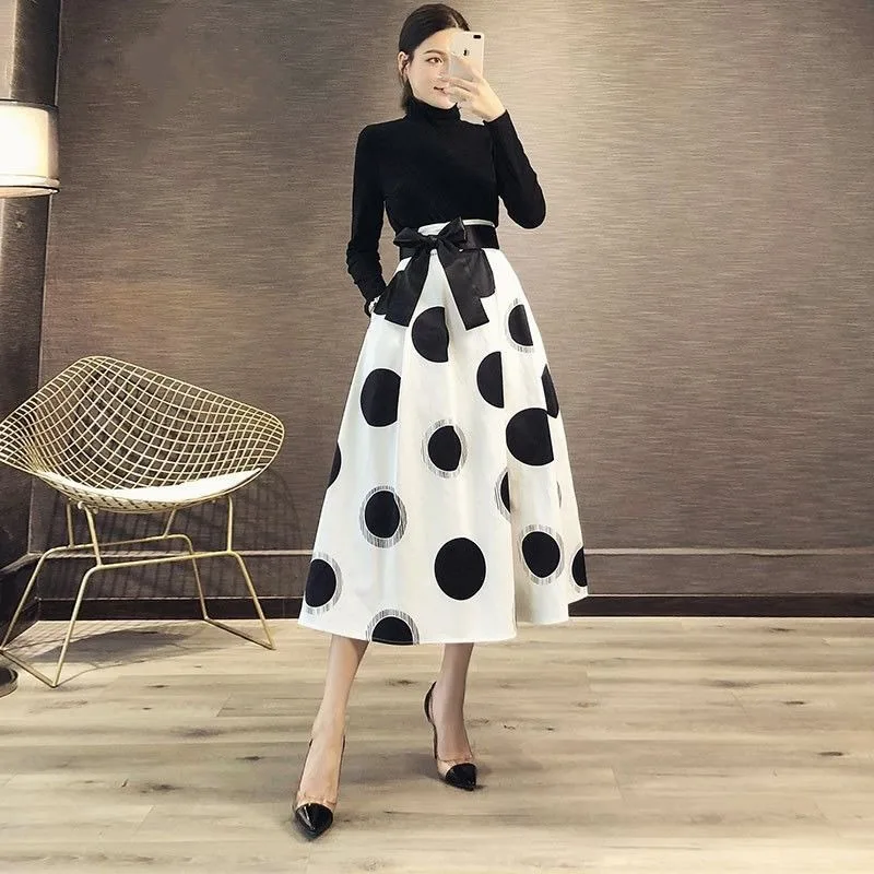 【BAON】Doito Banding Dot Long Skirt Elegant Polka Dot Skirts for Women 2025 Faldas Mujer De Moda