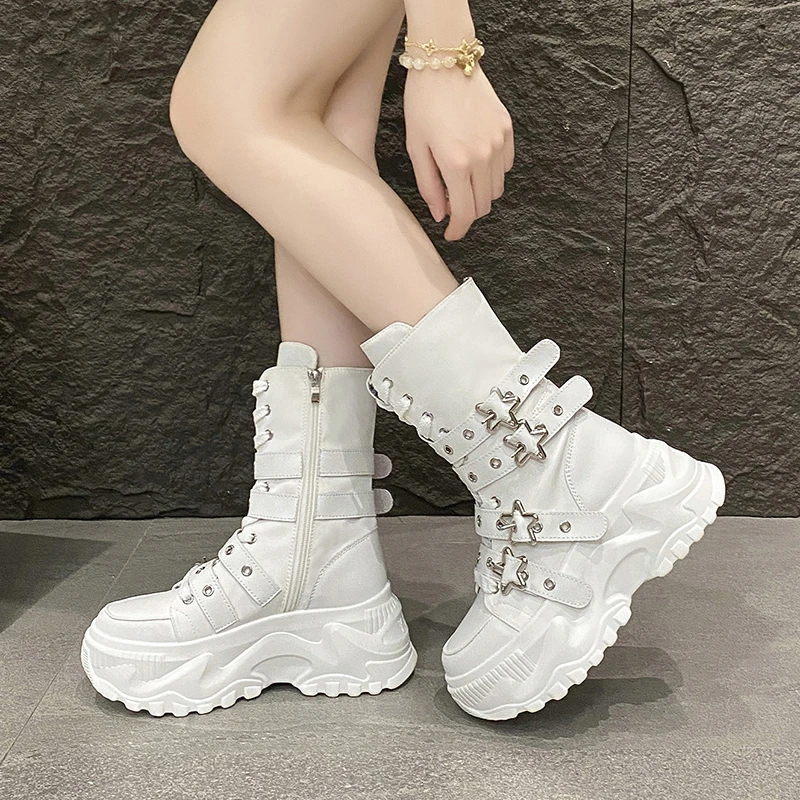 Women's Platform Boots New Round Head Belt Buckle Locomotive Boots European and American Thick-soled Boots for Women Botas Mujer - 4