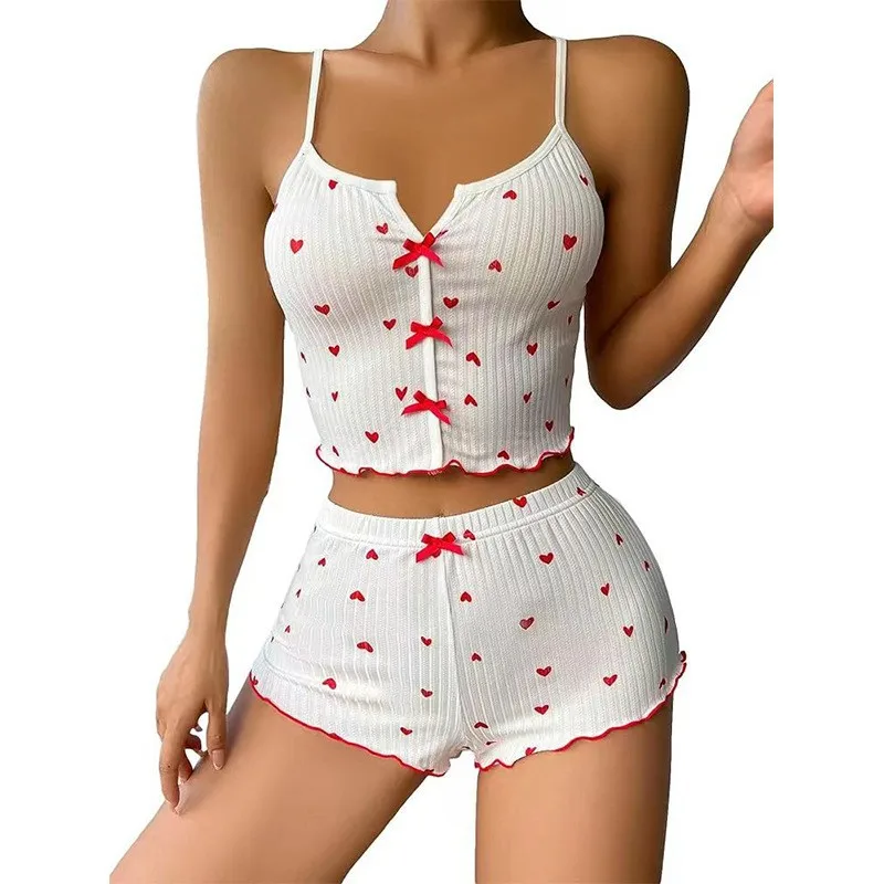 Cute Heart Print Pajama Set Women's Ribbed Cami Top & Shorts Bow Detail Sleepwear Loungewear Soft Comfortable Pj Set New Fashion