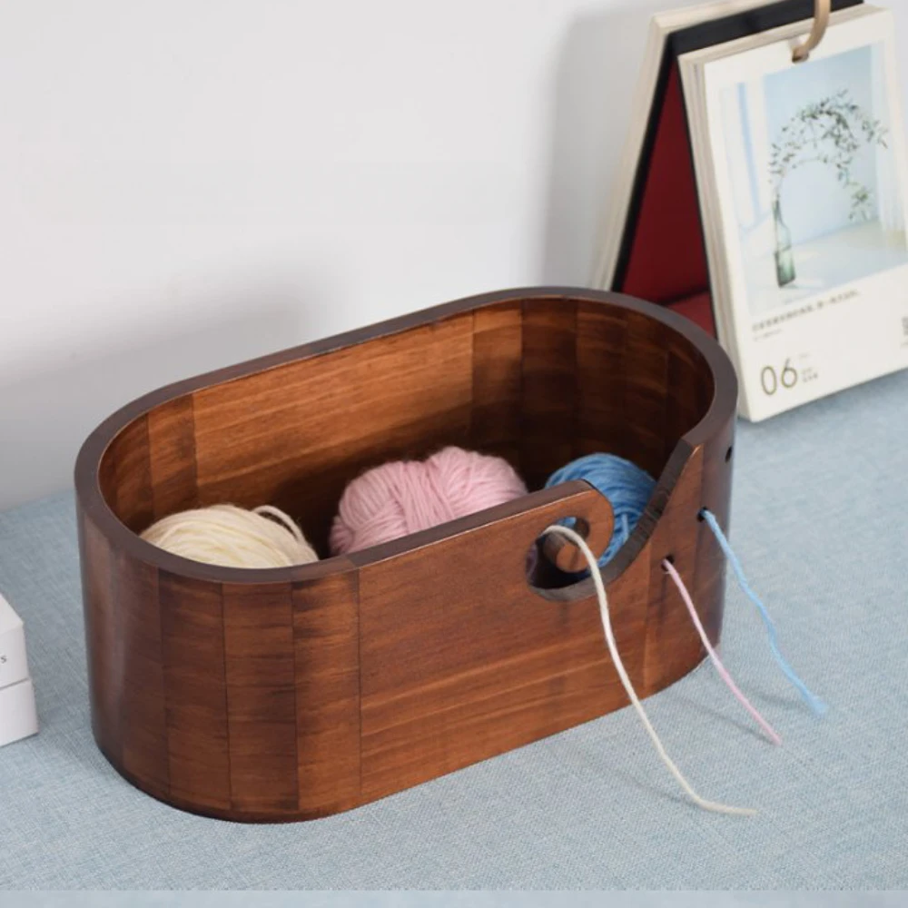 Wooden Yarn Bowl Large Size for Yarn skeins Oval Wooden Bowl Carved Holes Crochet Hook Rests Portable Knitting Yarn Holder