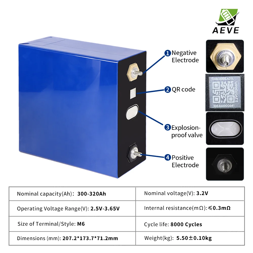 Rechargeable Lithium Batteries 8000 Cycles Grade A 320Ah LiFePO4 Battery 3.2V Lithium Iron Phosphate Rechargeable Cell DIY 12V 24V 48V RV EV Golf Cart Solar