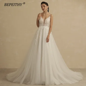 BEPEITHY Customized V Neck Spaghetti Straps A Line Lace Wedding Dresses For Women 2024 Shinny Sleeveless Boho Bridal Party Gown