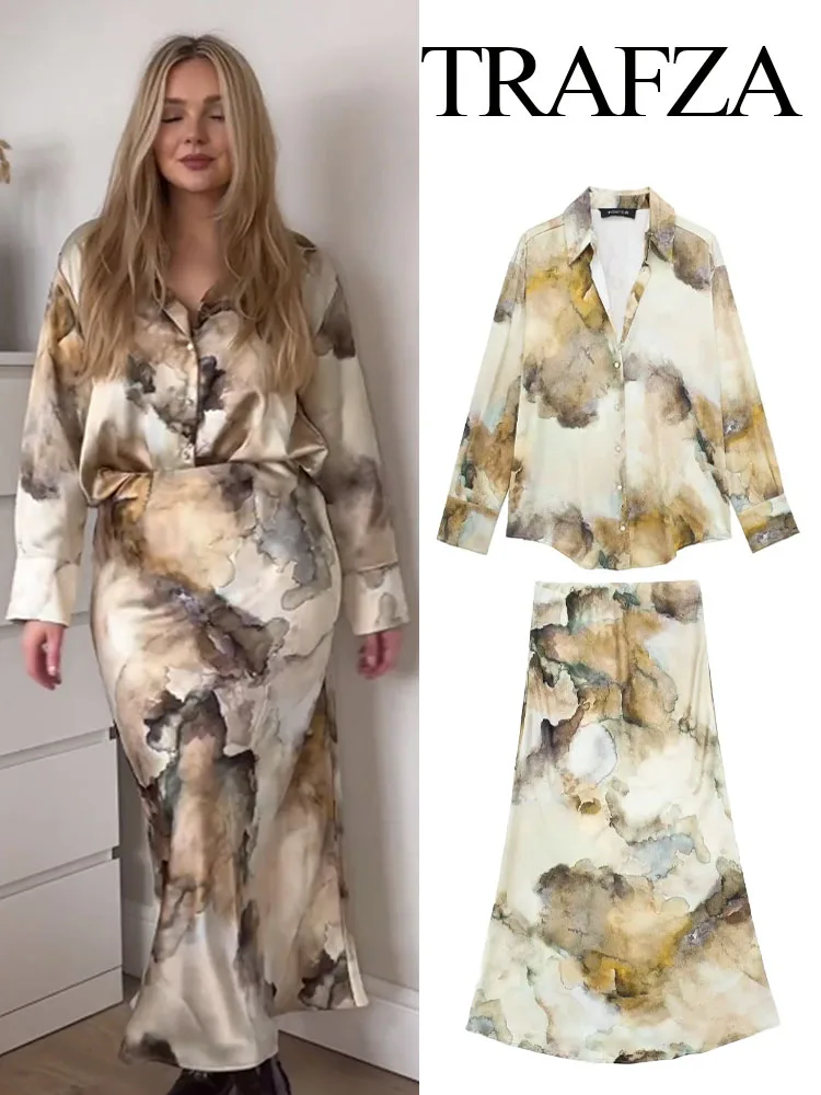 

Женский винтажный комплект из 2 предметов TRAFZA, элегантная однобортная рубашка с принтом, отложным воротником и длинными рукавами, повседневная трапециевидная юбка миди с высокой талией