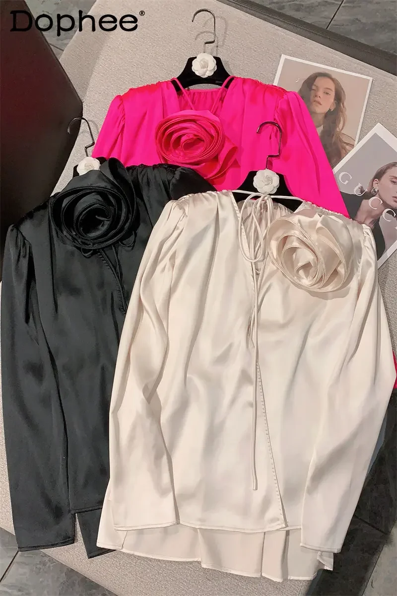 

Новинка лета 2023 темпераментная атласная рубашка для французского социалита с цветочным дизайном и V-образным вырезом шикарная блузка с пышными рукавами Топ для женщин