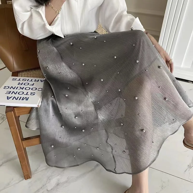 

Shiny Beading Long Tulle Skirt Women Goth Black Gray High Waist Pleated Skirt Female Korean Style Irregular A-Line Midi Skirts