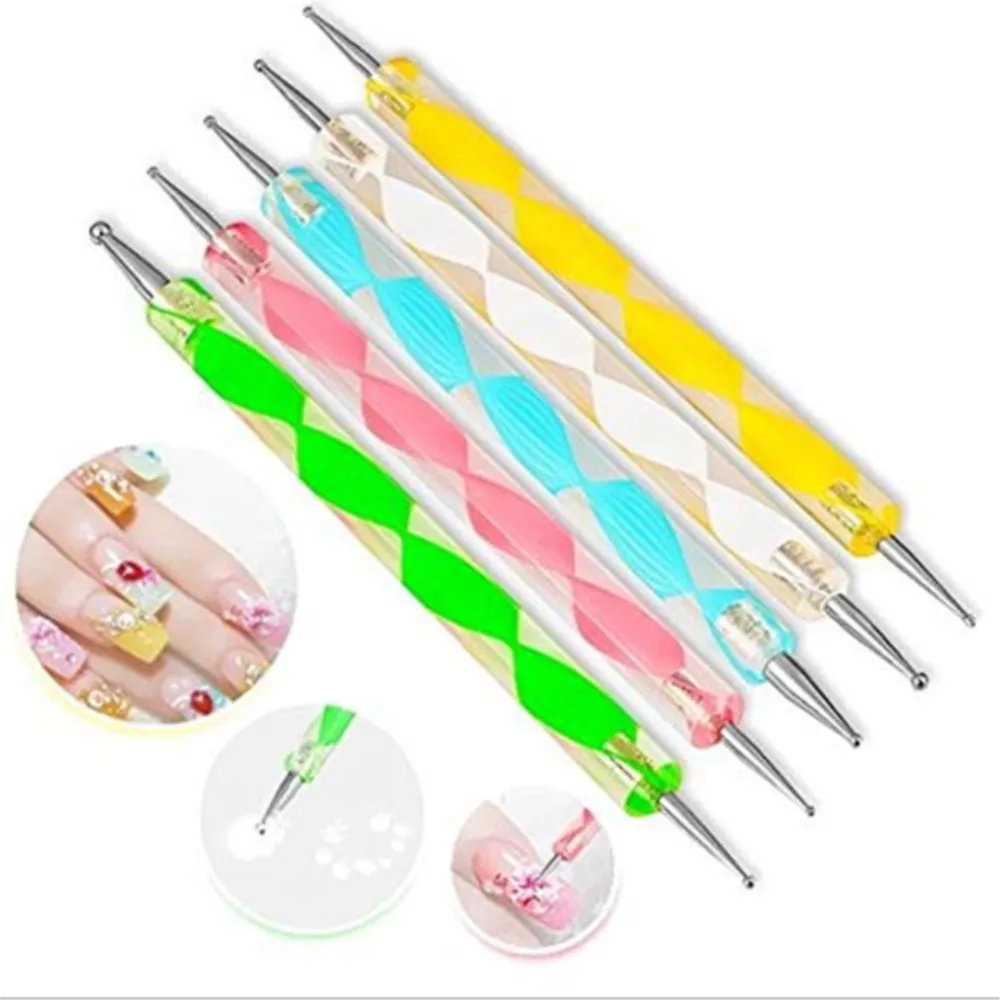 5Pcs/Set Professional 2 Ways Nail Art Dotting Pen Plastic Swirl Wood Marbleizing Steel Rhinestones Pickup Pen Manicure Tools 5