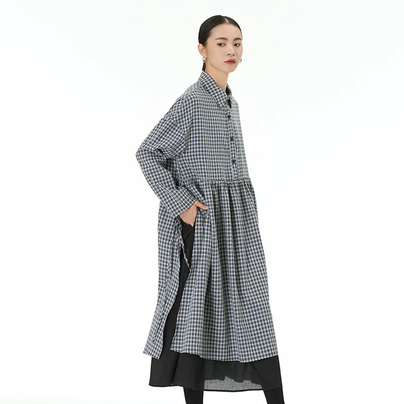 

Women's Black Plaid Irregular Big Size Shirt Dress New Lapel Short Sleeve Loose Fit Fashion Spring Autumn Fake Two Piece Dresses