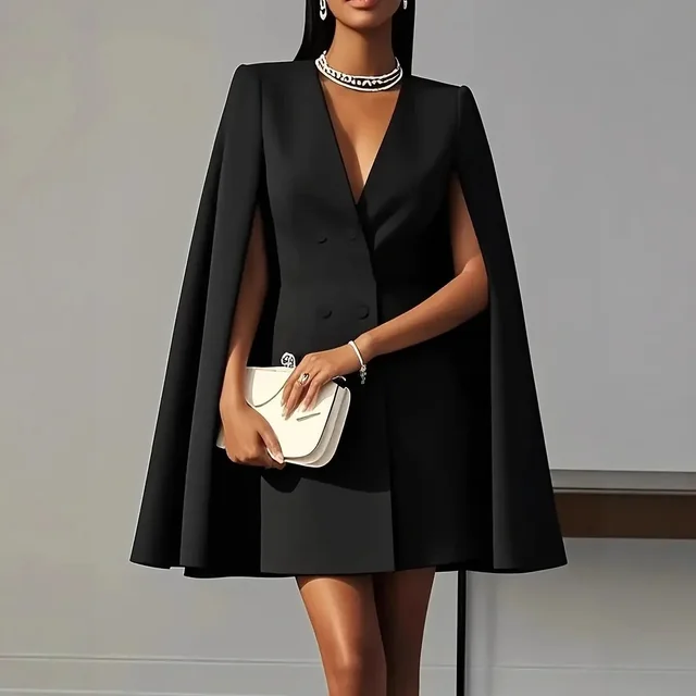 2025 Women Fashion Commuter Solid Blazers Dress Office Double Breasted Waist Party Dress Elegant V-neck Shawl Cape Sleeve Dress 1