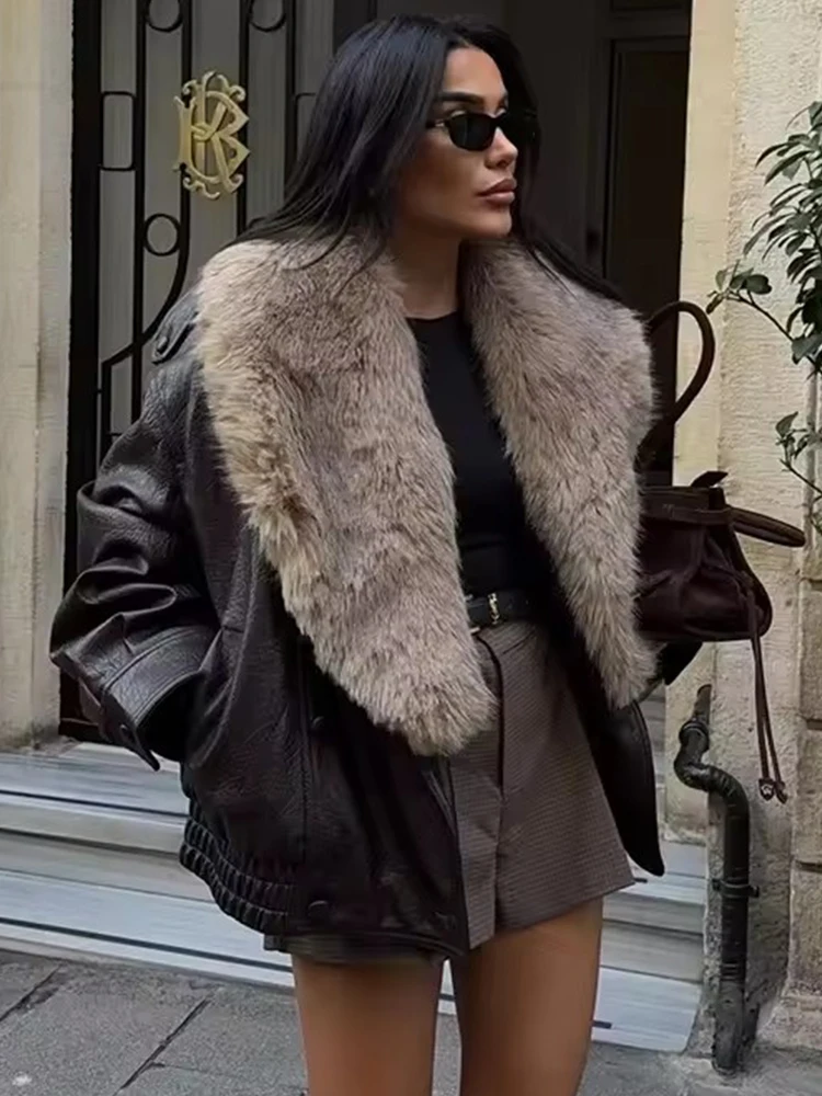 Winter Women Faux Leather Jacket Fashion Detachable Fur Collar Double-Breasted Oversized Coat Streetwear Casual New Outerwear