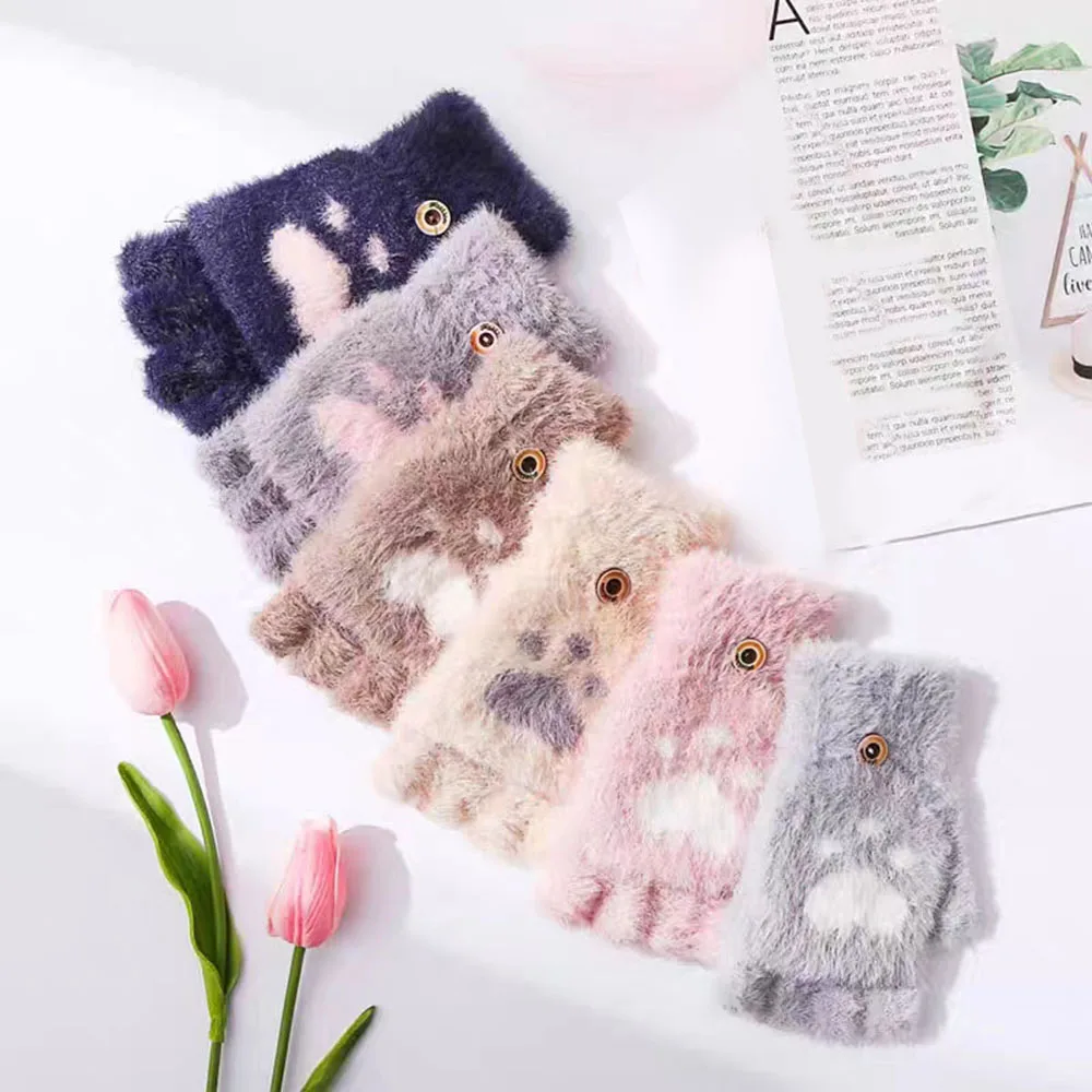 

Women Girls Lovely Winter Warm Fingerless Gloves Girls Fluffy Bear Cat Plush Paw Claw Half Finger Gloves Mittens Gifts