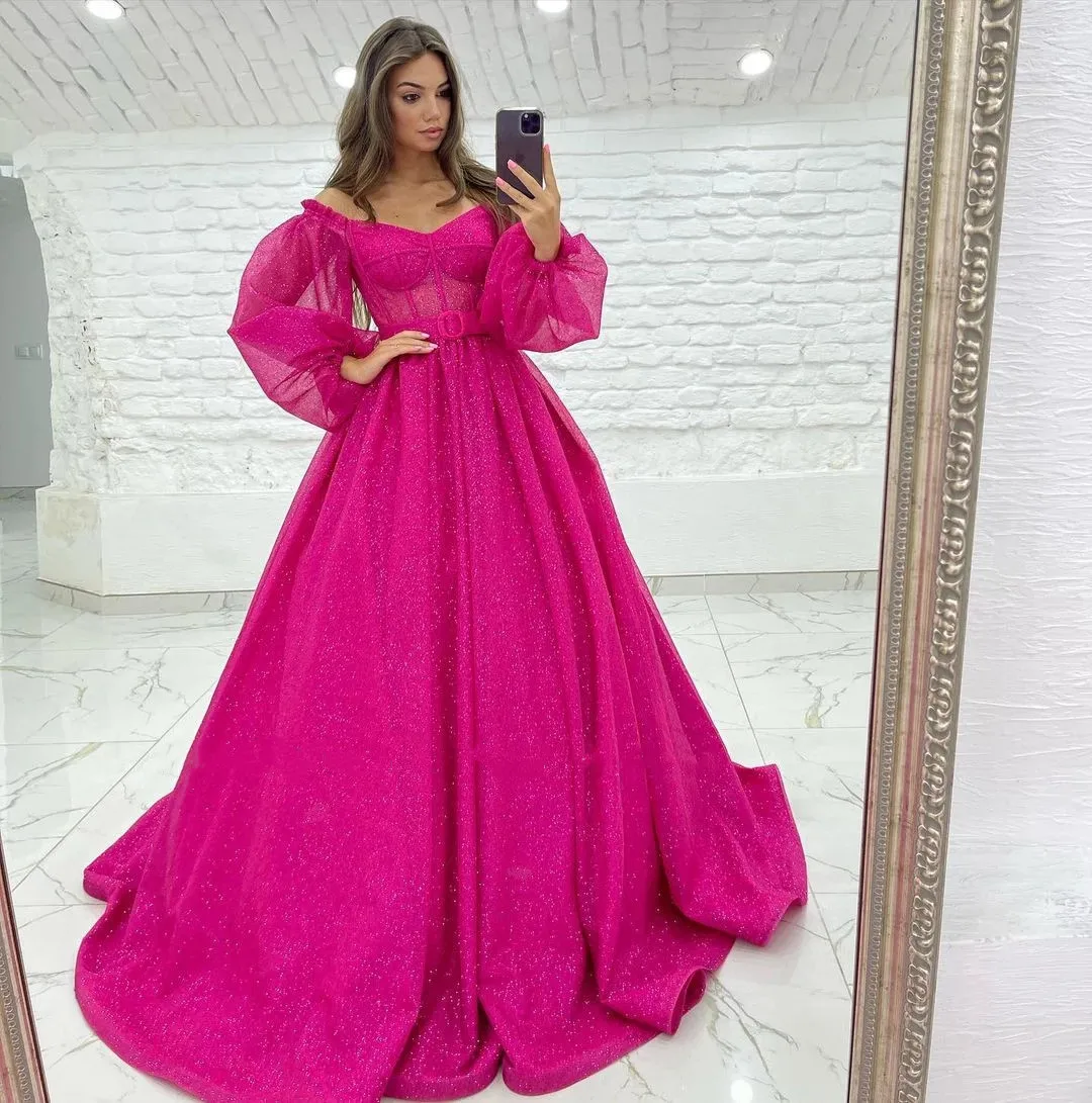 Ball Gown Evening Dresses Hot Pink 2022 V-neck Long Sleeve Glitter Tulle Party Prom Gowns Formal Evening Dress womens formal dresses
