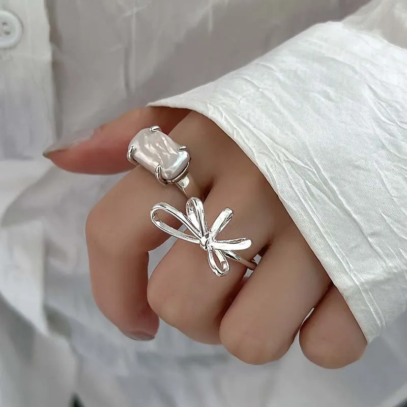 

925 Sterling Silver Irregular Stone Bow Rings for Women Girl Party Wedding Engagement Silver Ladies Trendy Ring Fine Jewelry